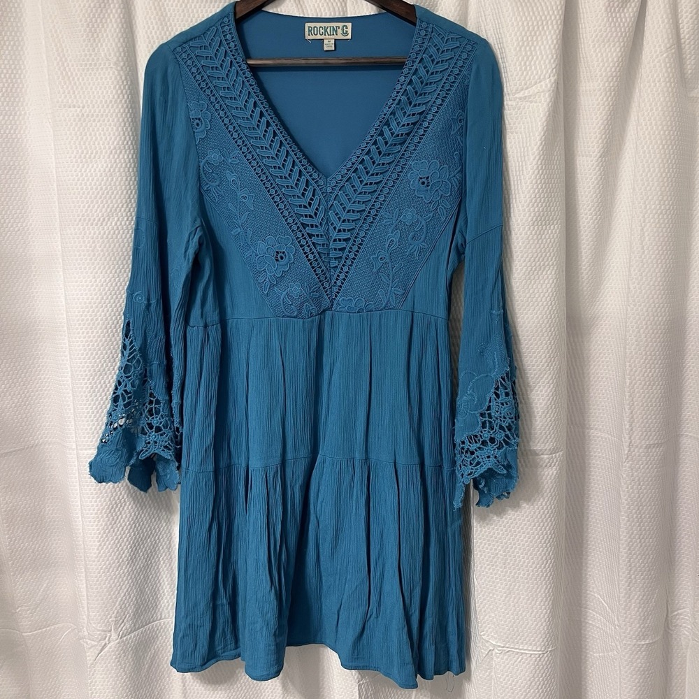 Rockin C Turquoise Western Dress Lace Crochet Sleeves Size Medium EC‎ Cavenders